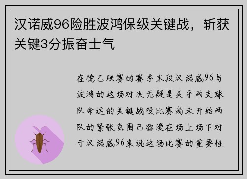 汉诺威96险胜波鸿保级关键战，斩获关键3分振奋士气